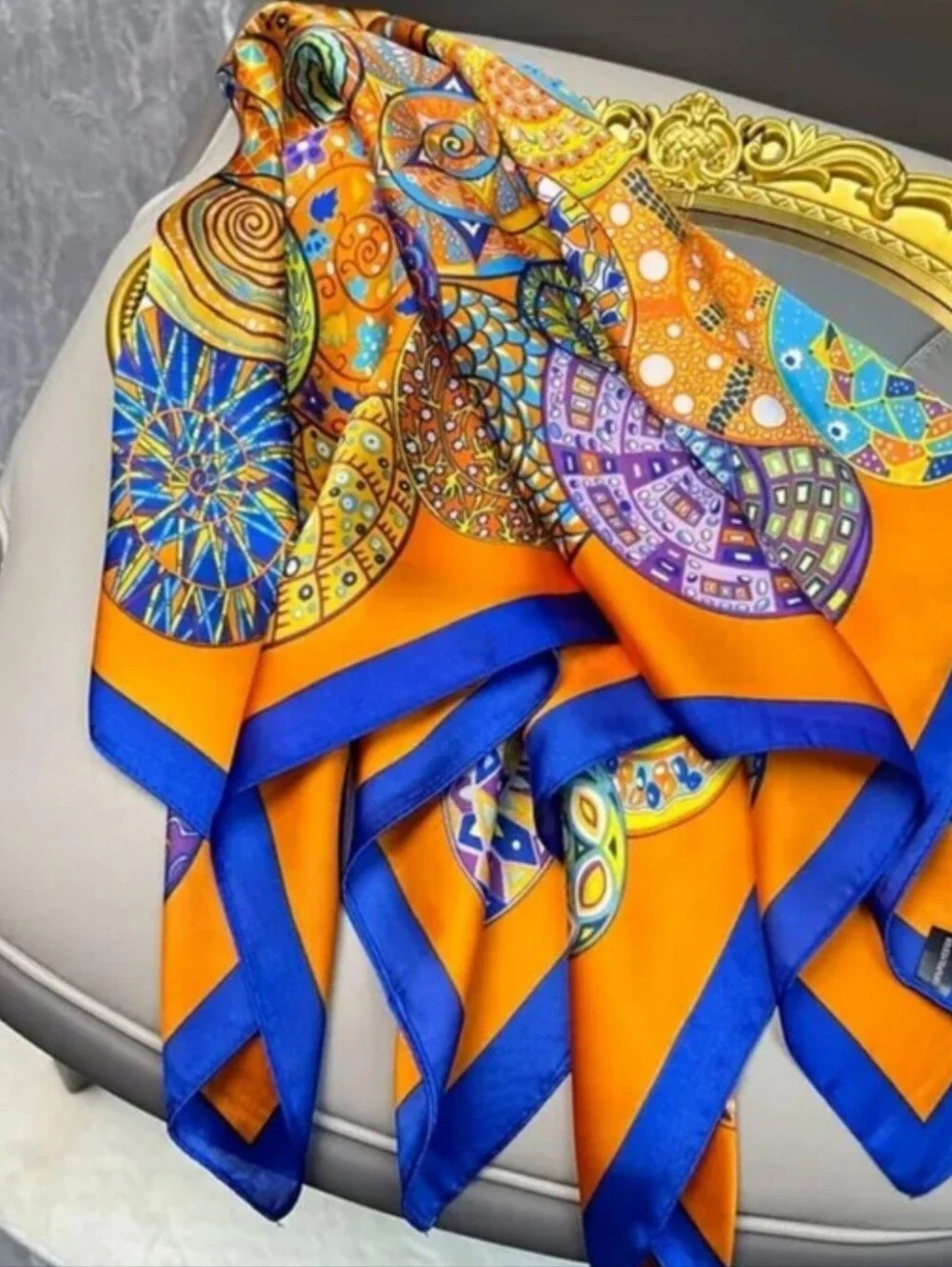 Vibrant Orange Multicolor Printed Silk Scarf